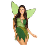 Close front view of green forest fairy costume with patchwork dress and wings - Golddiggers Boutique