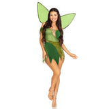 Front view of green forest fairy costume with patchwork dress and wings - Golddiggers Boutique