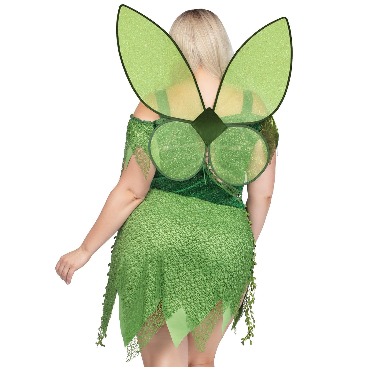 Close back view of plus size green forest fairy costume with patchwork dress and wings - Golddiggers Boutique
