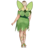 Back view of plus size green forest fairy costume with patchwork dress and wings - Golddiggers Boutique