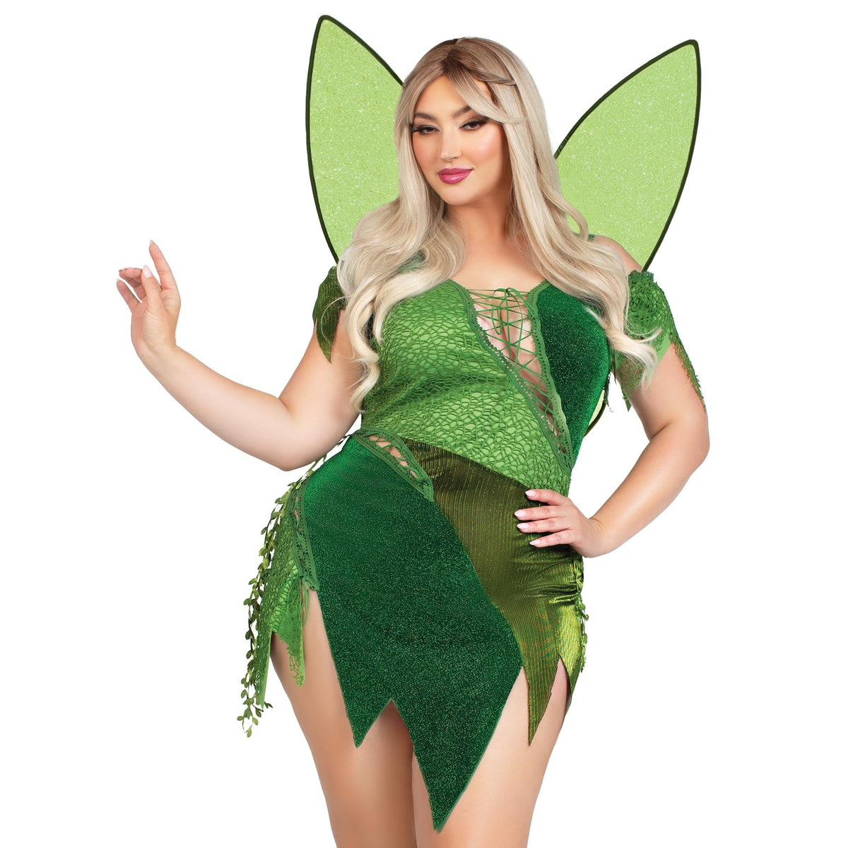 Close front view of plus size green forest fairy costume with patchwork dress and wings - Golddiggers Boutique