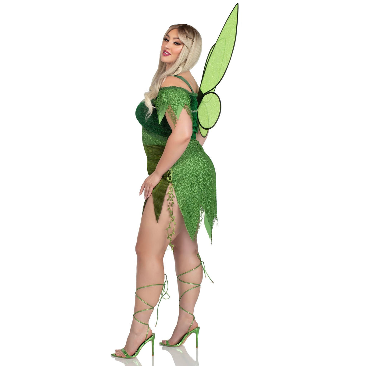Side view of plus size green forest fairy costume with patchwork dress and wings - Golddiggers Boutique