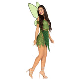 Side view of green forest fairy costume with patchwork dress and wings - Golddiggers Boutique