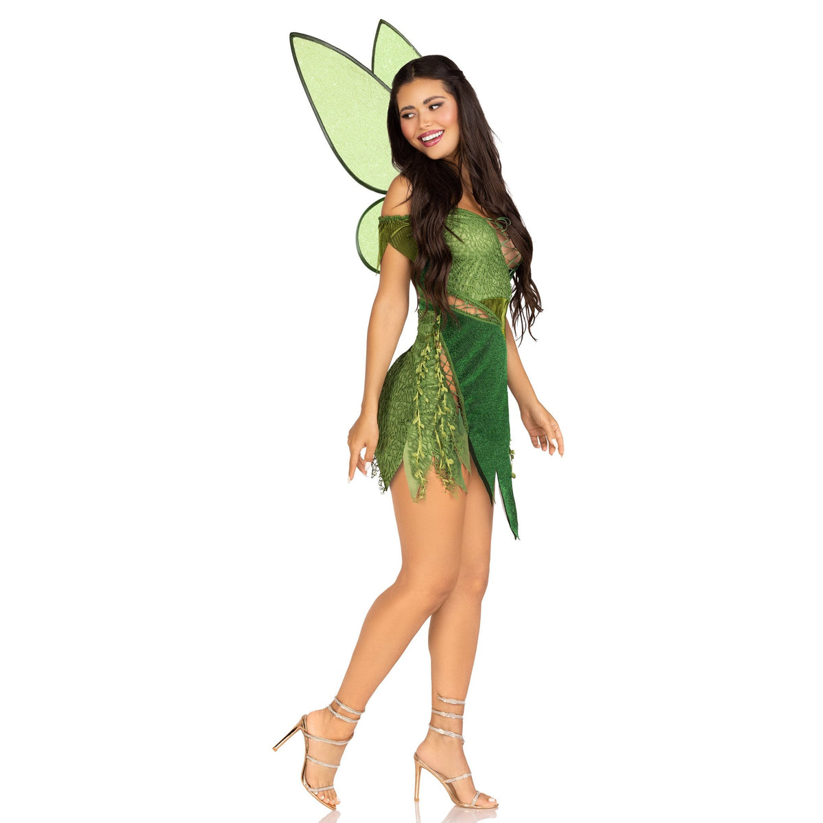 Side view of green forest fairy costume with patchwork dress and wings - Golddiggers Boutique