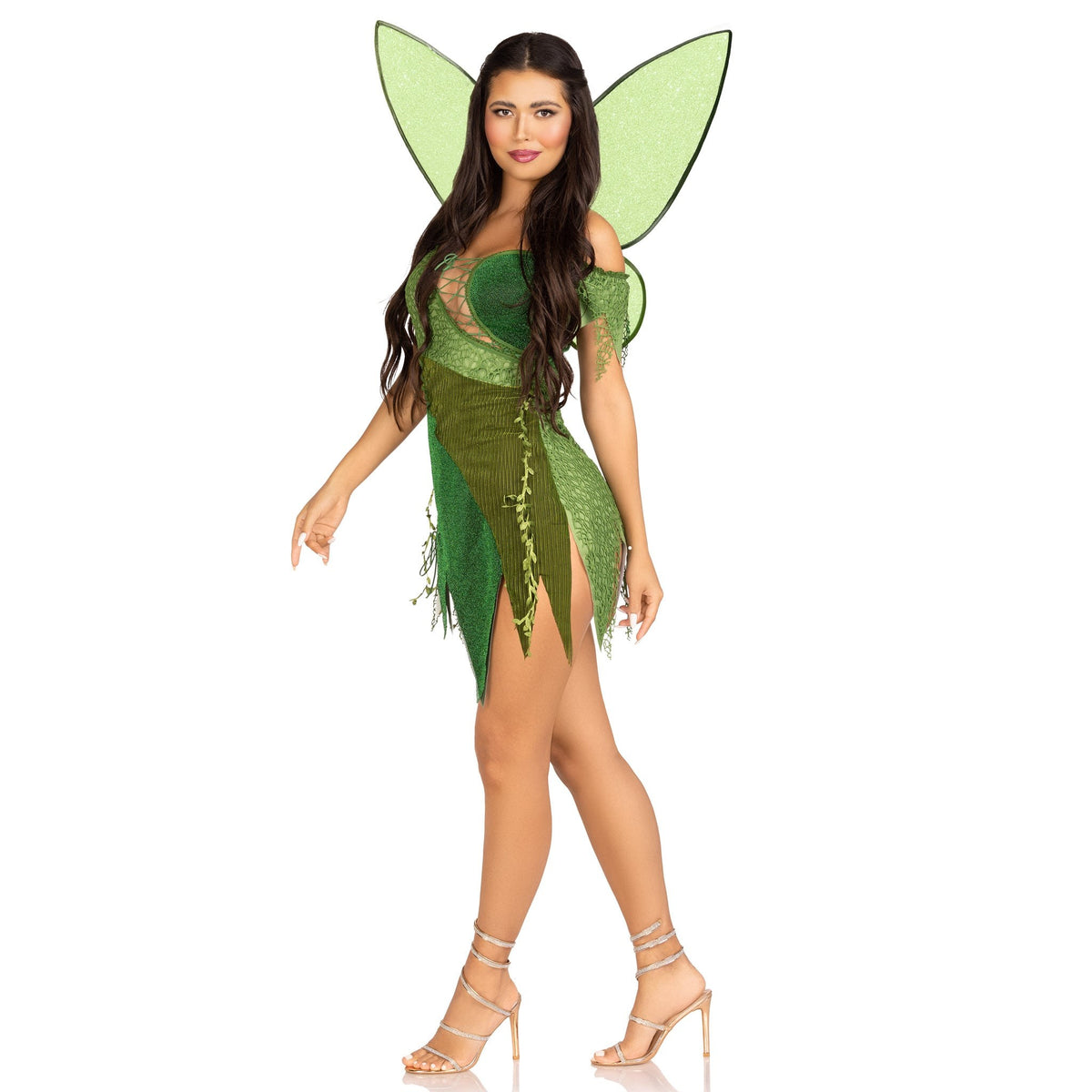 Side view of green forest fairy costume with patchwork dress and wings - Golddiggers Boutique
