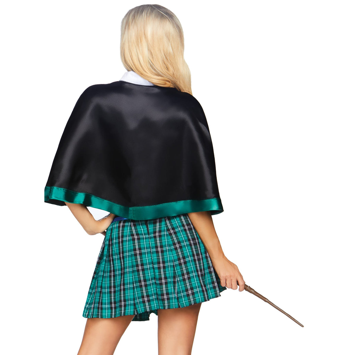 Detail view of green and gray wizard schoolgirl costume - Golddiggers Boutique