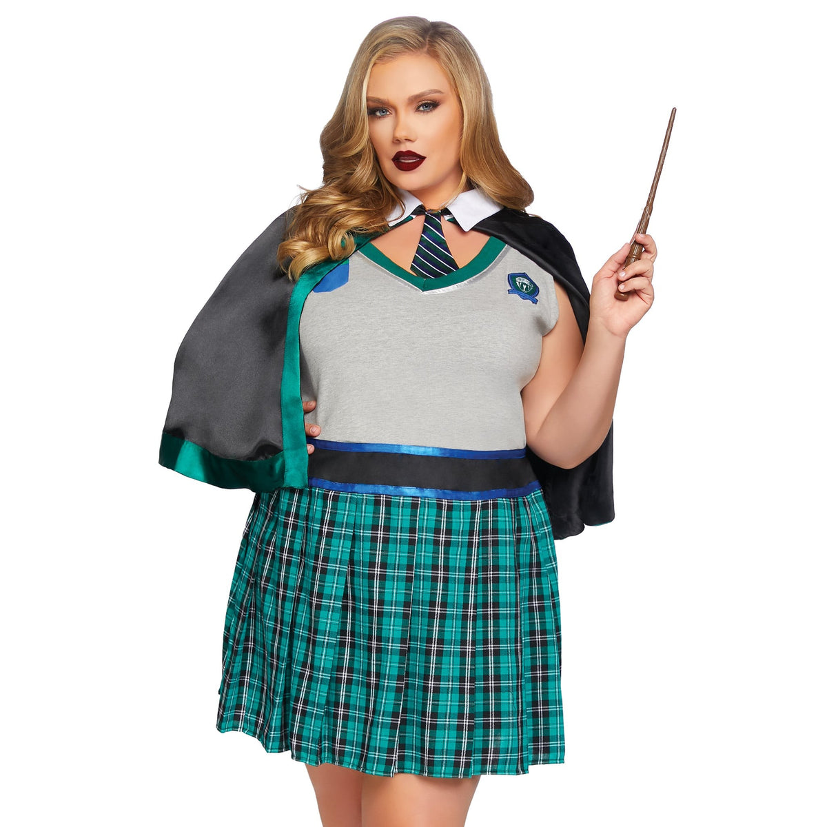 Front view of green and gray wizard schoolgirl costume in plus size - Golddiggers Boutique
