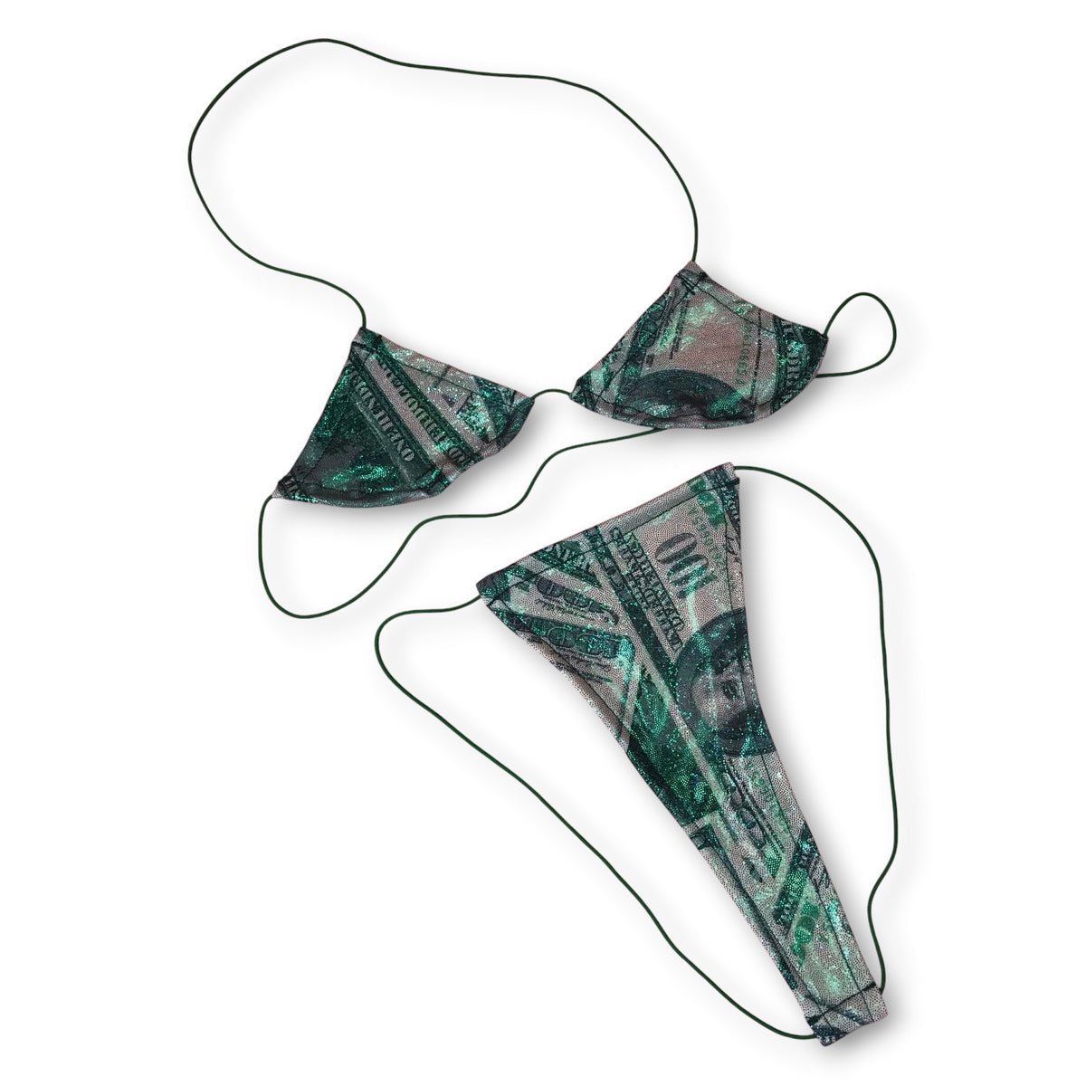 Green holographic money print micro 'kini top and g-string on dark green strings, flat lay on white - Golddiggers Boutique