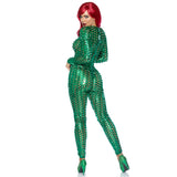 Back view of green laser cut metallic catsuit - Golddiggers Boutique