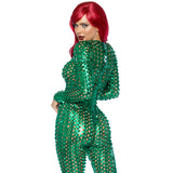 Close-up back view of green laser cut metallic catsuit - Golddiggers Boutique