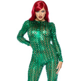 Close-up front view of green laser cut metallic catsuit - Golddiggers Boutique