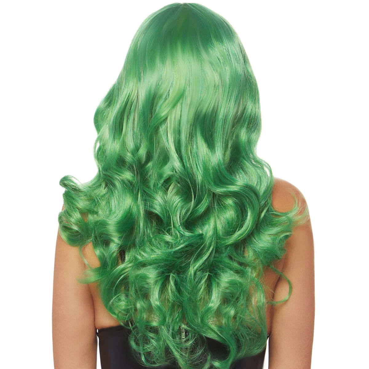 Close-up back view of green long wavy wig with full bangs - Golddiggers Boutique