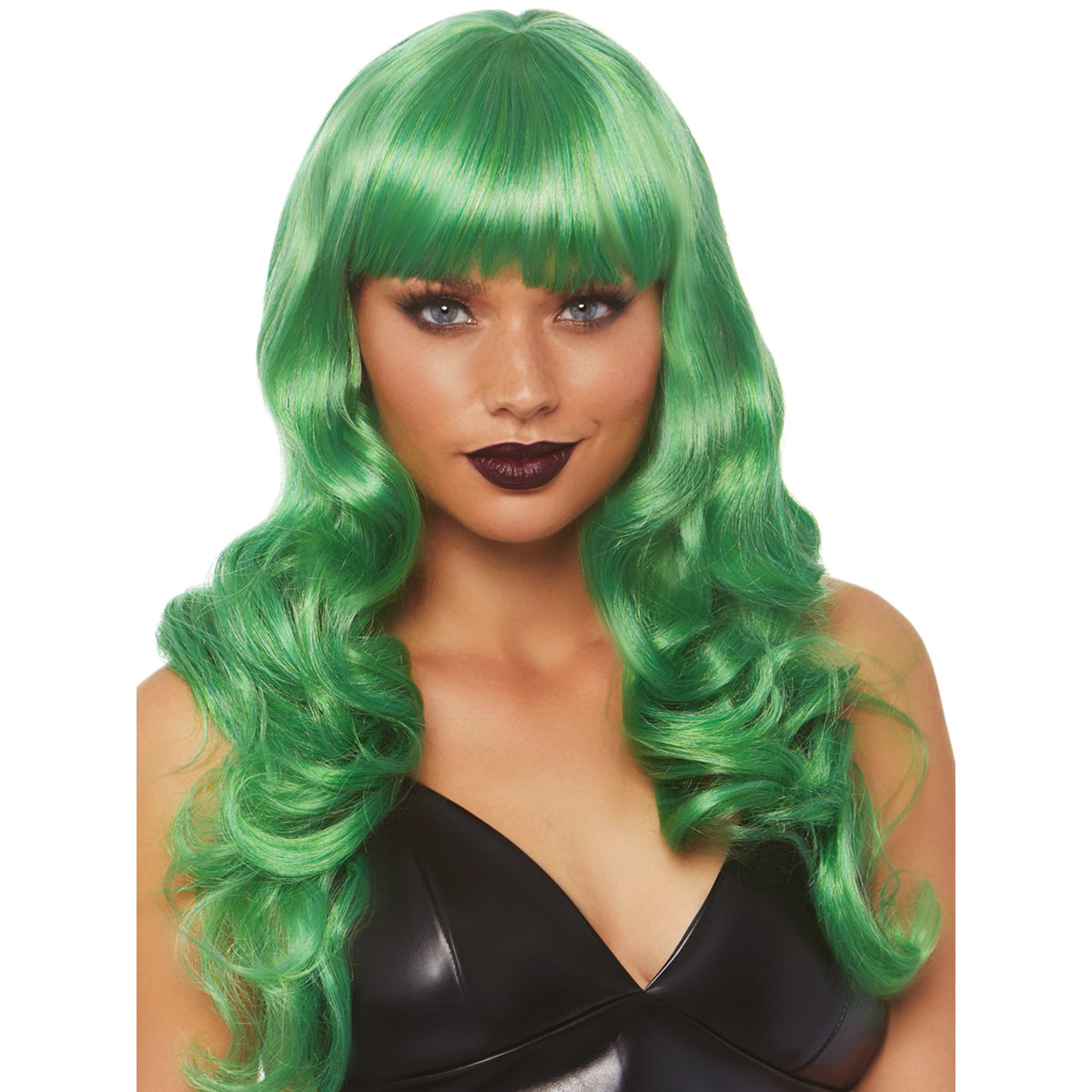 Close-up front view of green long wavy wig with full bangs - Golddiggers Boutique