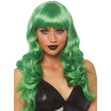 Close-up front view of green long wavy wig with full bangs - Golddiggers Boutique