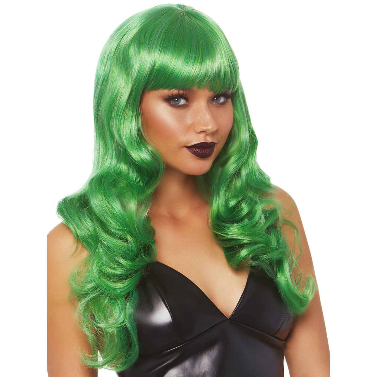 Close-up side view of green long wavy wig with full bangs - Golddiggers Boutique