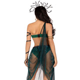 Close back view of green Medusa costume with snake bra top and sheer skirt - Golddiggers Boutique