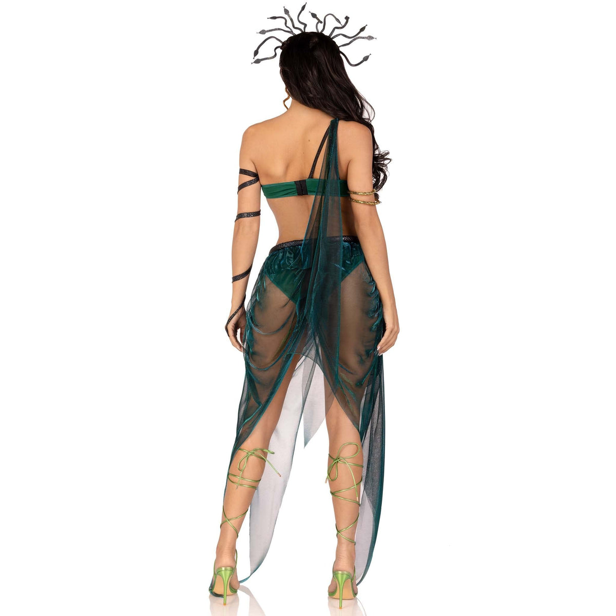 Back view of green Medusa costume with snake bra top and sheer skirt - Golddiggers Boutique