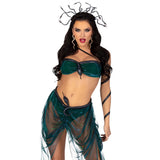 Close front view of green Medusa costume with snake bra top and sheer skirt - Golddiggers Boutique