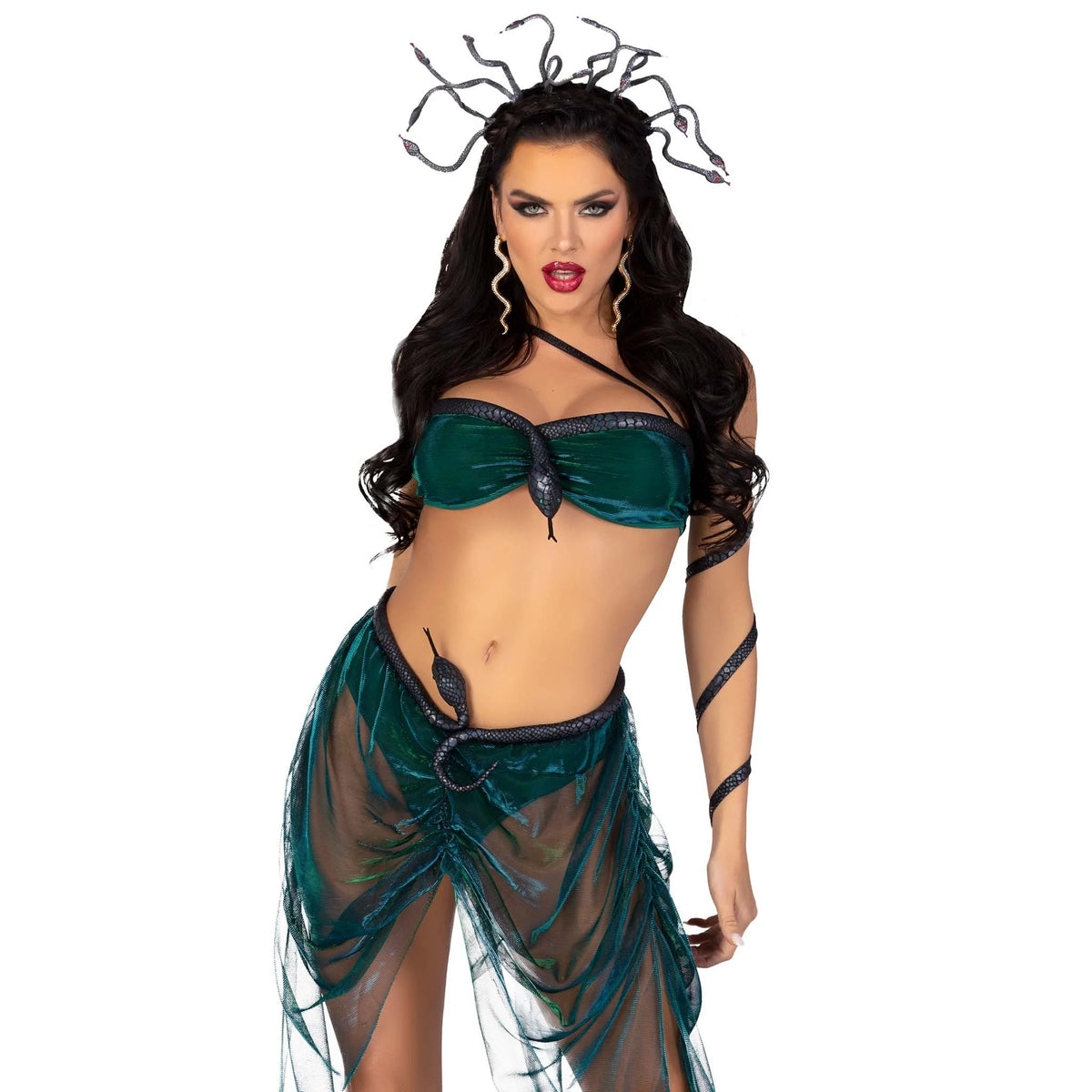 Close front view of green Medusa costume with snake bra top and sheer skirt - Golddiggers Boutique