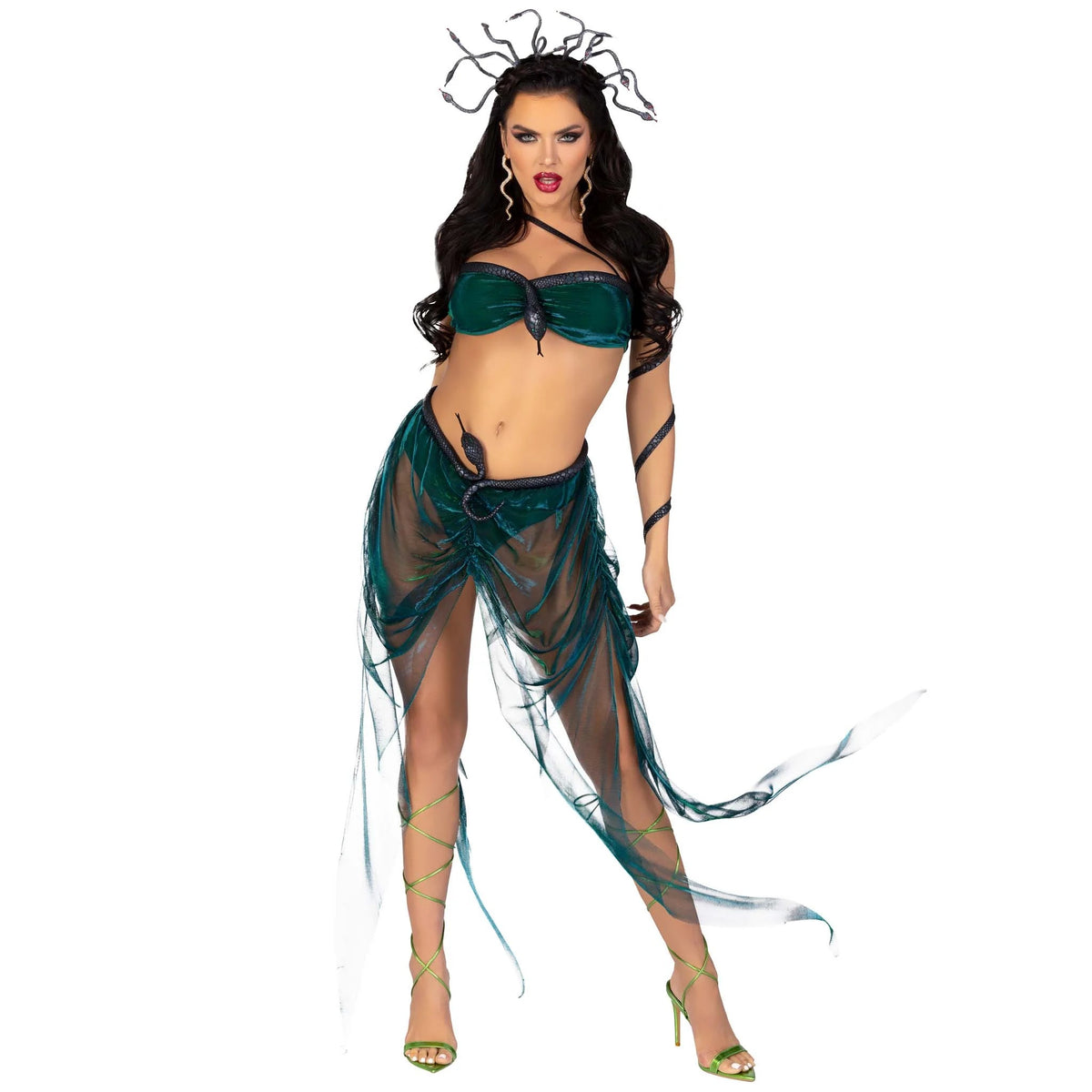 Front view of green Medusa costume with snake bra top and sheer skirt - Golddiggers Boutique