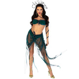 Front view of green Medusa costume with snake bra top and sheer skirt - Golddiggers Boutique