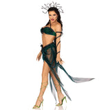Side view of green Medusa costume with snake bra top and sheer skirt - Golddiggers Boutique