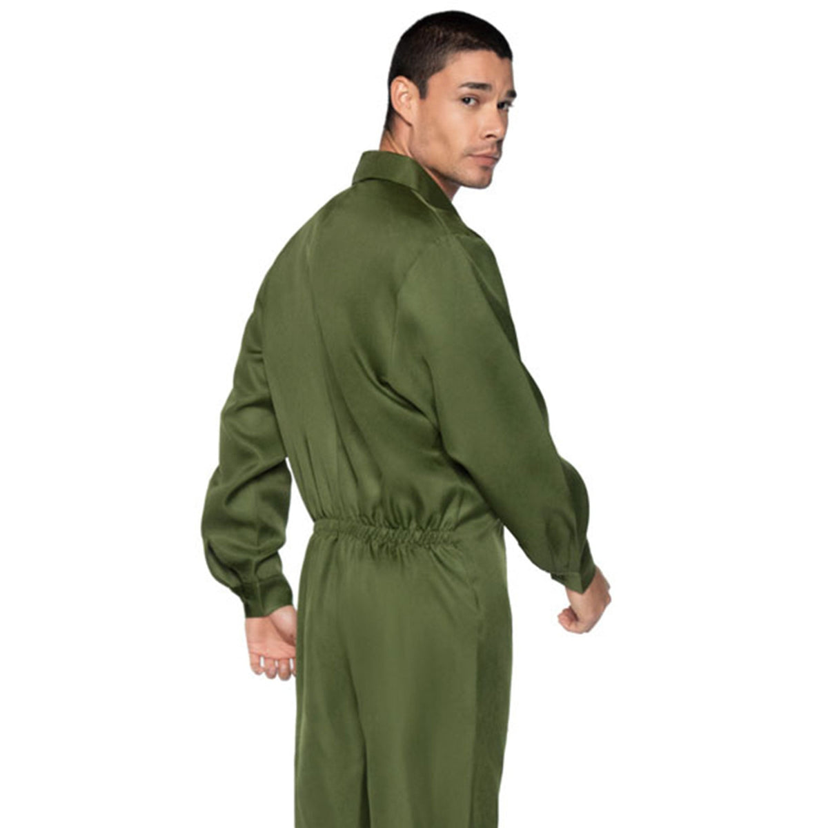 Close-up back view of green men's coverall jumpsuit costume - Golddiggers Boutique