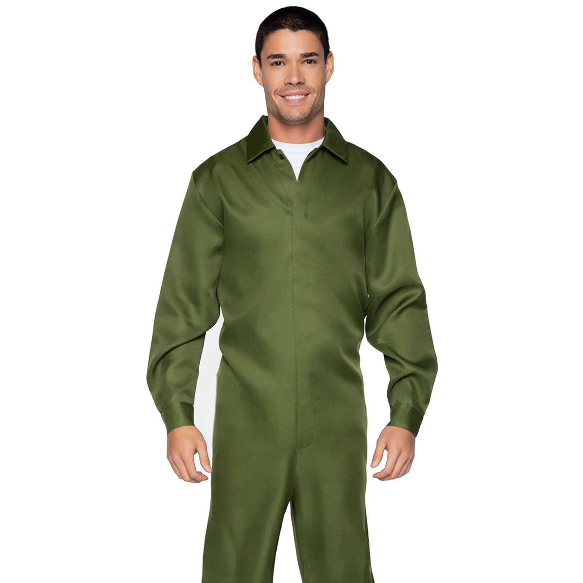 Close-up front view of green men's coverall jumpsuit costume - Golddiggers Boutique