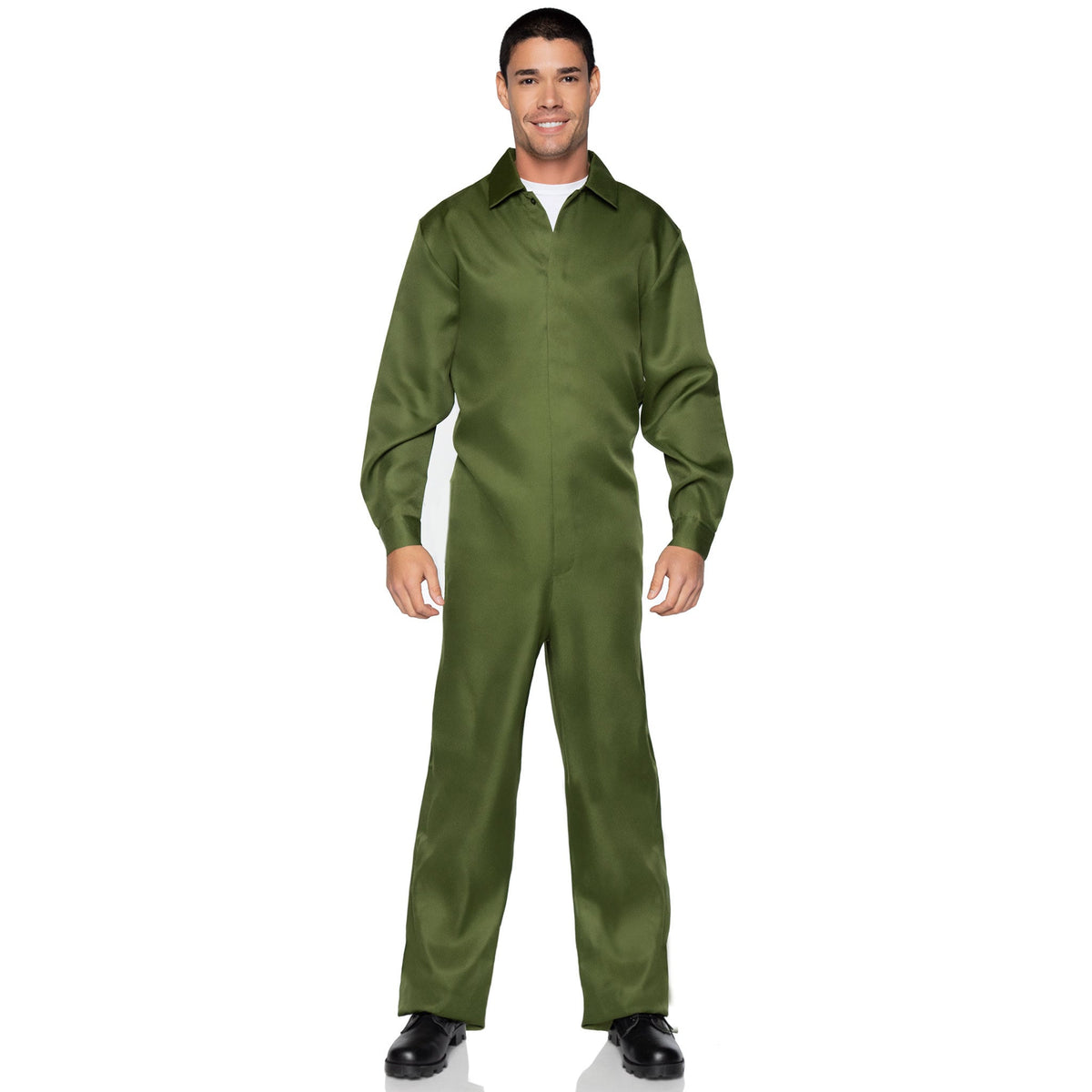 Front view of green men's coverall jumpsuit costume - Golddiggers Boutique
