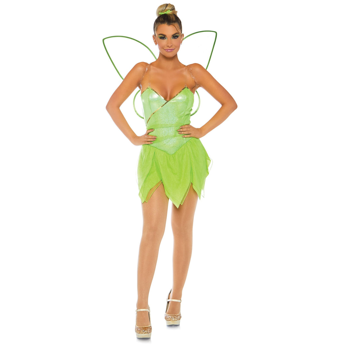 Detail view of green pixie costume shimmer bodysuit - Golddiggers Boutique
