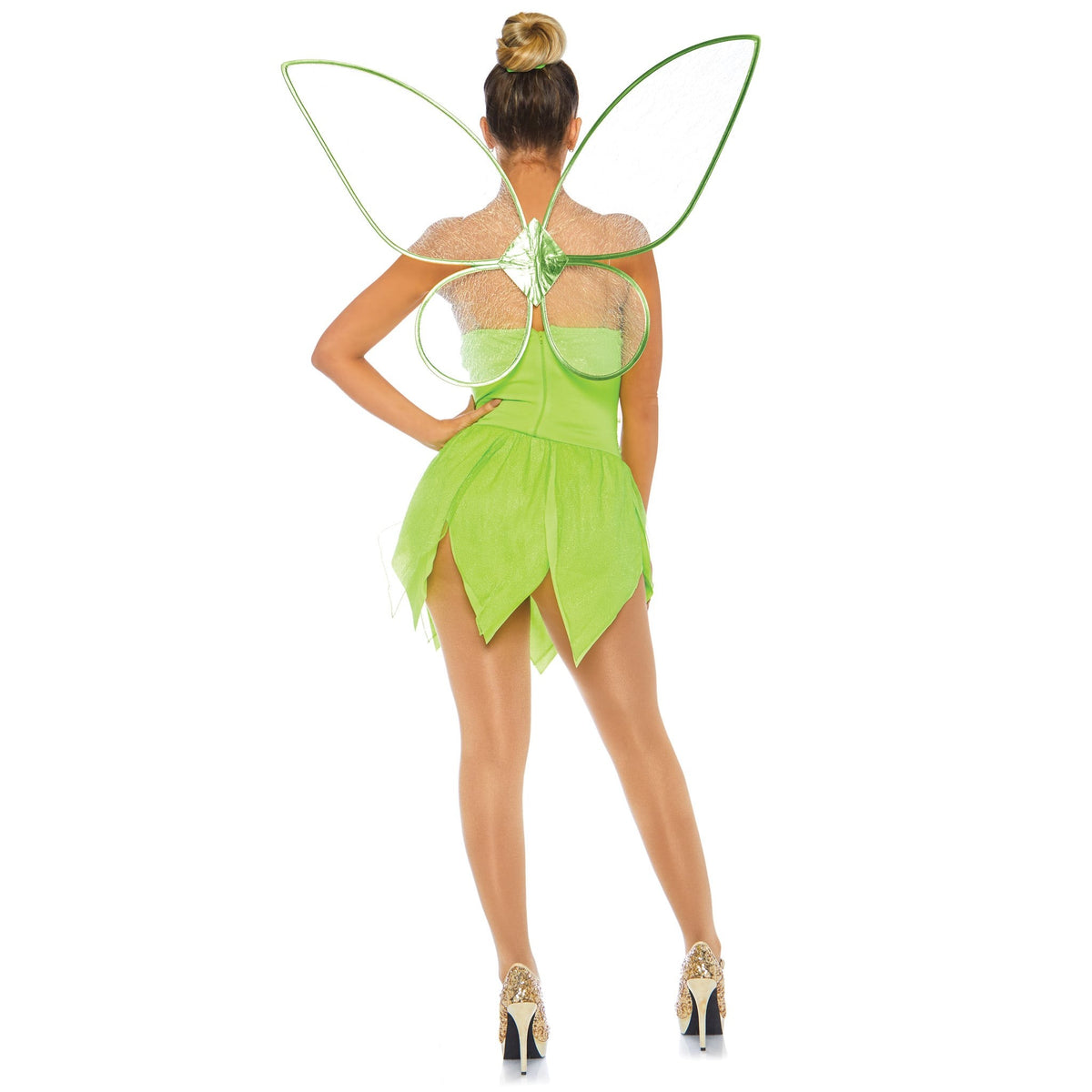 Detail view of green pixie costume shimmer bodysuit - Golddiggers Boutique