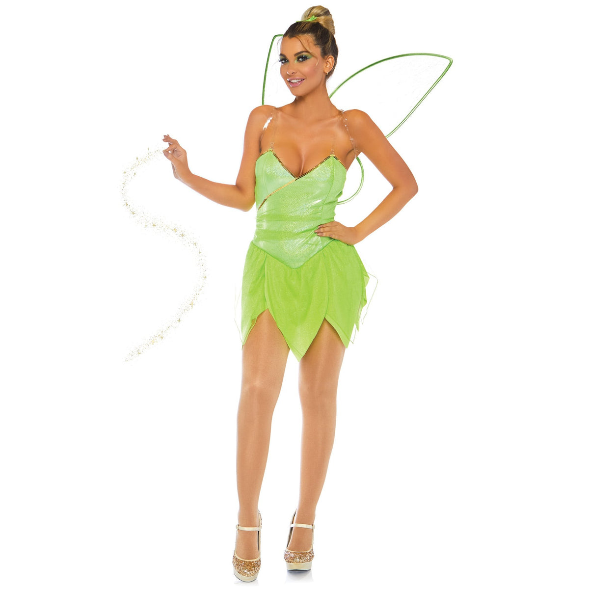 Detail view of green pixie costume shimmer bodysuit - Golddiggers Boutique