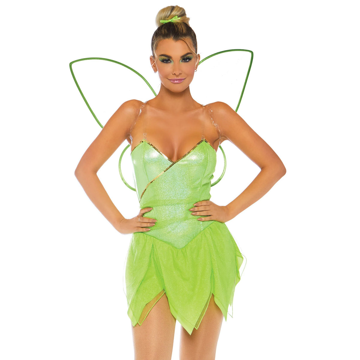 Front view of green pixie costume shimmer bodysuit - Golddiggers Boutique