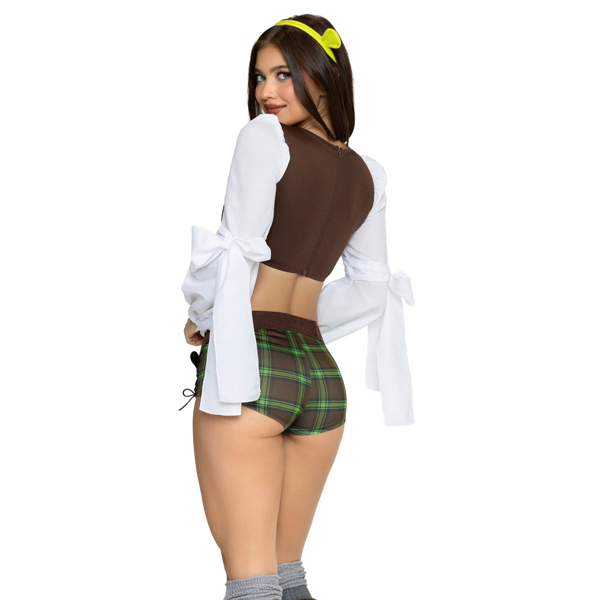 Close back view of green plaid swamp ogre girl costume with peasant top and ear headband - Golddiggers Boutique