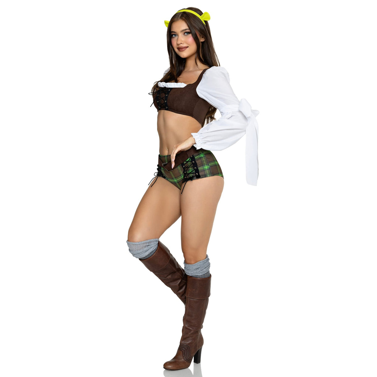 Side view of green plaid swamp ogre girl costume with peasant top and ear headband - Golddiggers Boutique