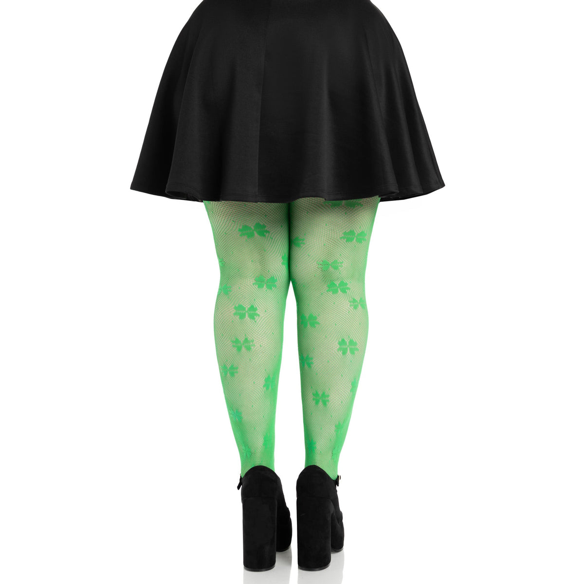 Back view of green plus size clover net tights - Golddiggers Boutique