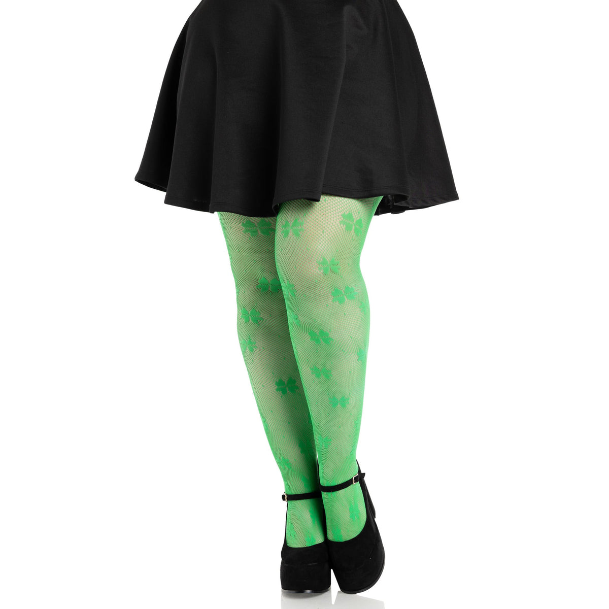 Front view of green plus size clover net tights - Golddiggers Boutique