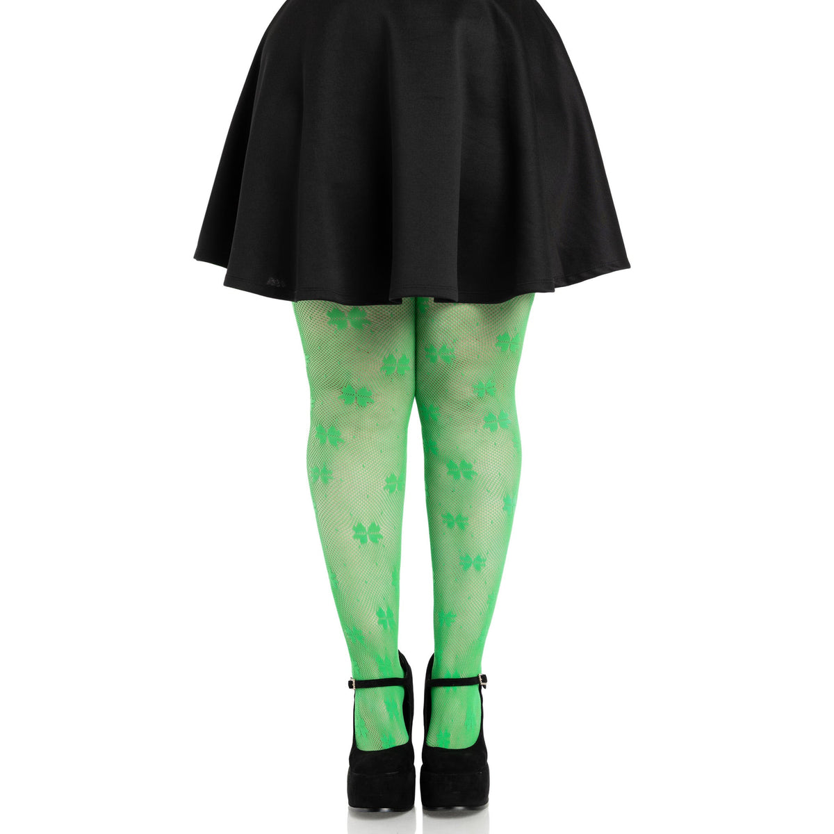 Front view of green plus size clover net tights - Golddiggers Boutique