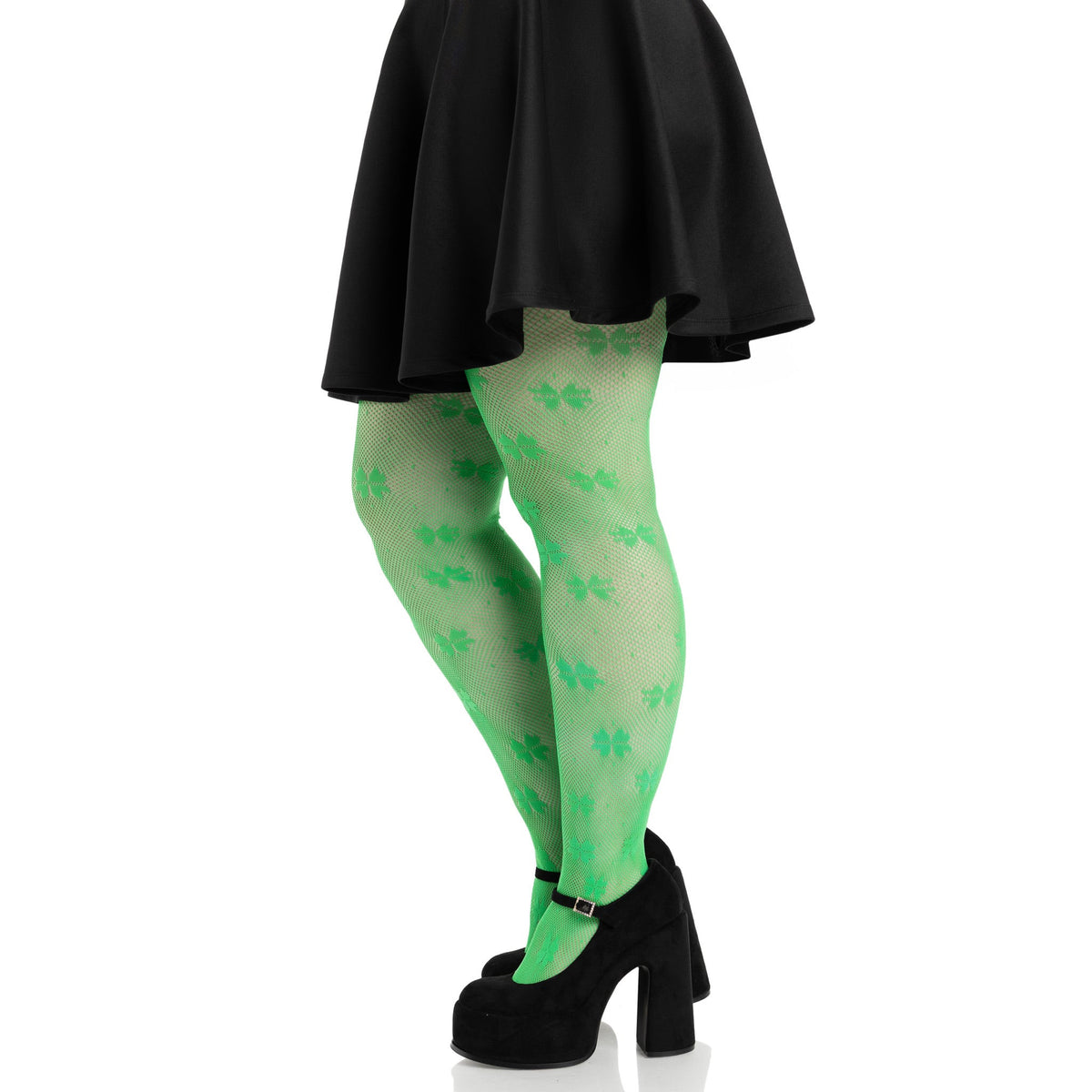 Side view of green plus size clover net tights - Golddiggers Boutique