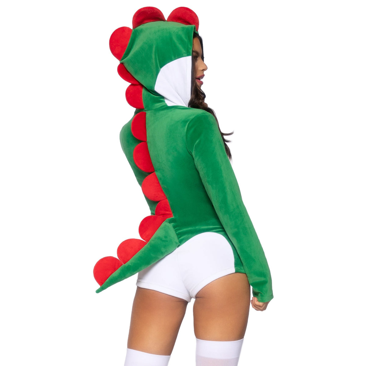 Close back view of green plush dinosaur costume hooded romper with tail - Golddiggers Boutique