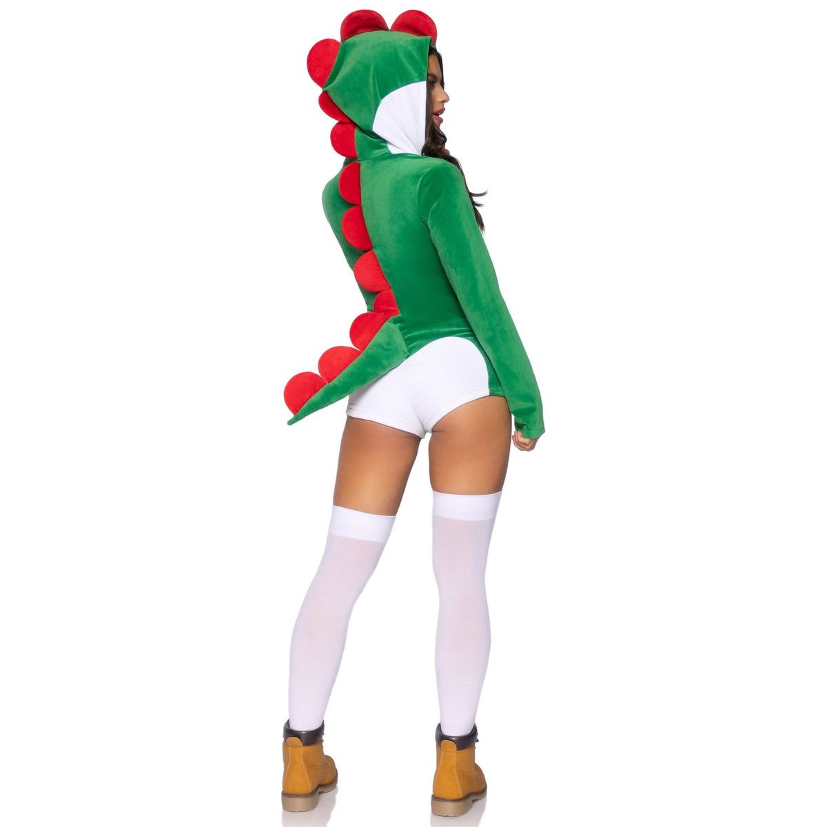 Back view of green plush dinosaur costume hooded romper with tail - Golddiggers Boutique