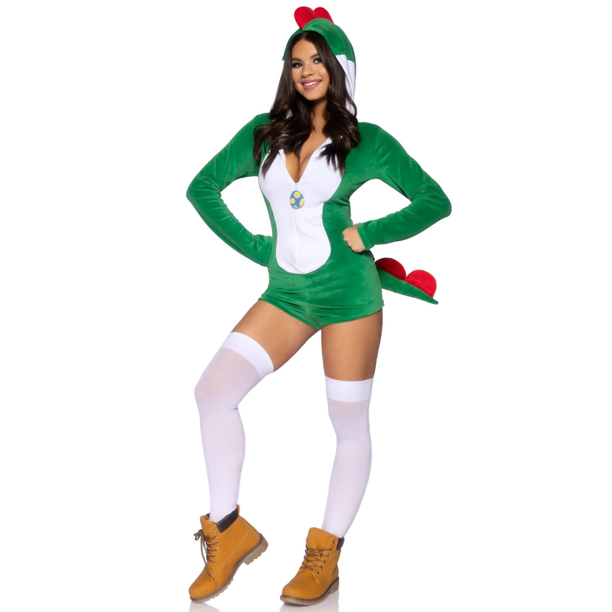 Front view of green plush dinosaur costume hooded romper with tail - Golddiggers Boutique