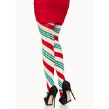 Back view of green & red ribbon striped tights - Golddiggers Boutique