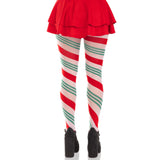 Back view of green & red ribbon striped tights - Golddiggers Boutique