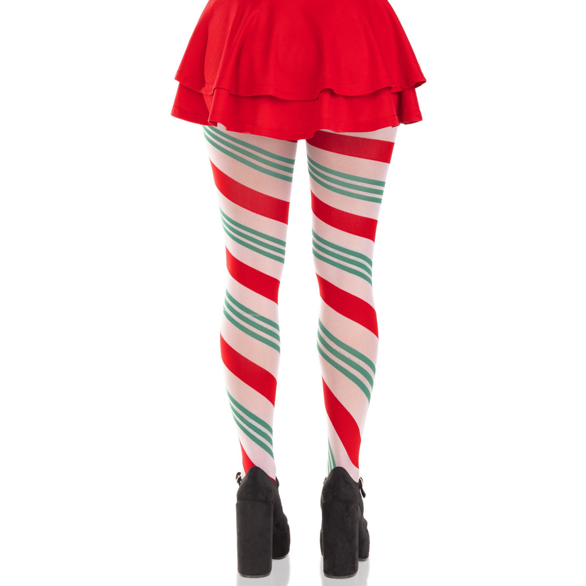 Back view of green & red ribbon striped tights - Golddiggers Boutique