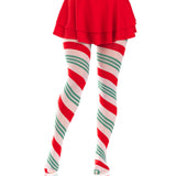 Front view of green & red ribbon striped tights - Golddiggers Boutique