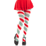 Front view of green & red ribbon striped tights - Golddiggers Boutique