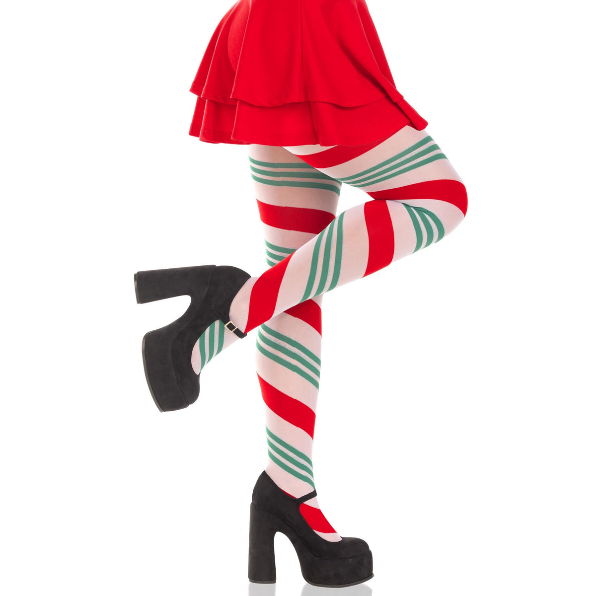 Side view of green & red ribbon striped tights - Golddiggers Boutique
