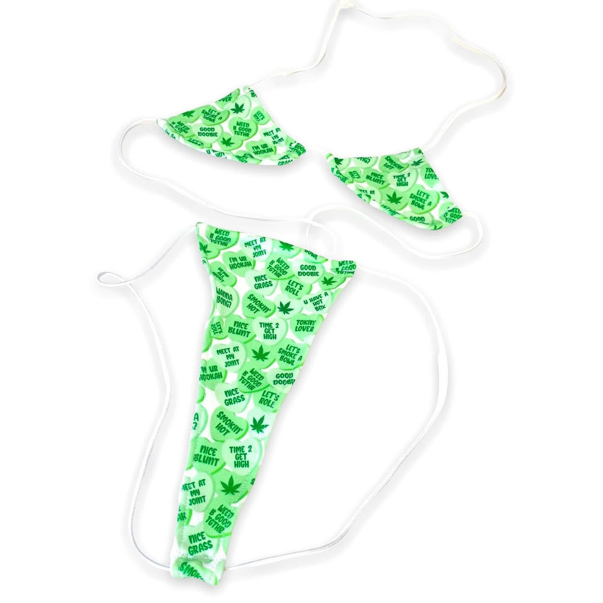 Lime green conversation heart print micro 'kini top and g-string on white strings, flat lay on white - Golddiggers Boutique