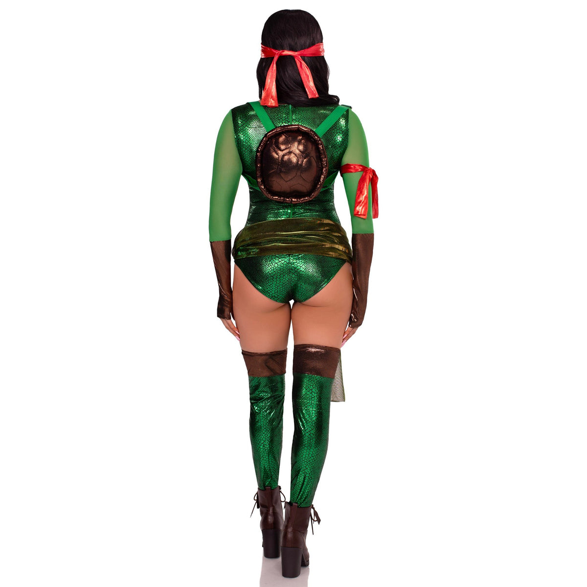 Back view of green turtle ninja hero costume with shell backpack and bands - Golddiggers Boutique